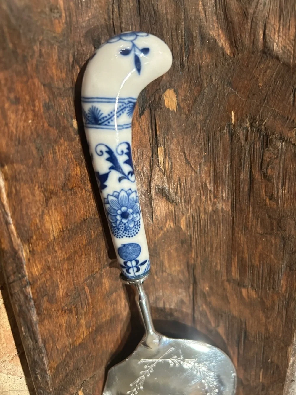 Vintage PS Co. Silver Plated Blue & White Floral Porcelain Handle Cake Server